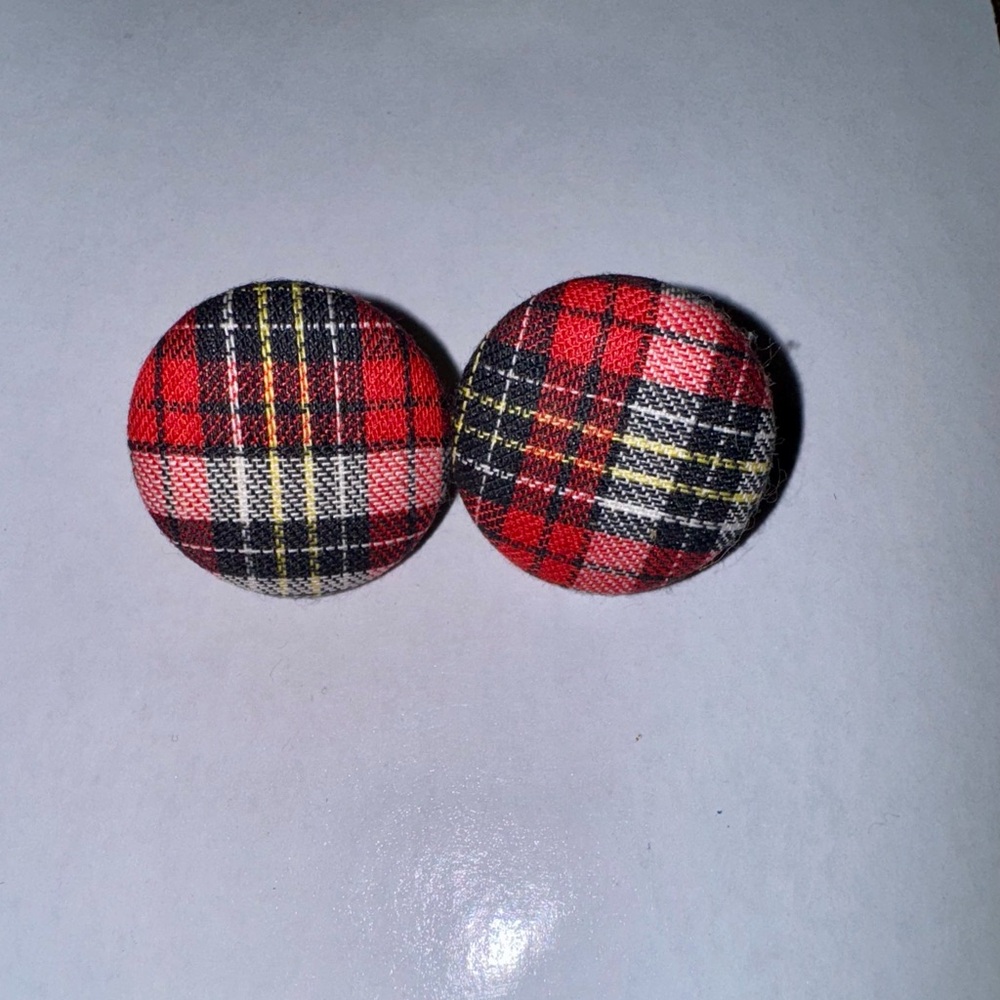 Plaid Fabric Button Earring Set